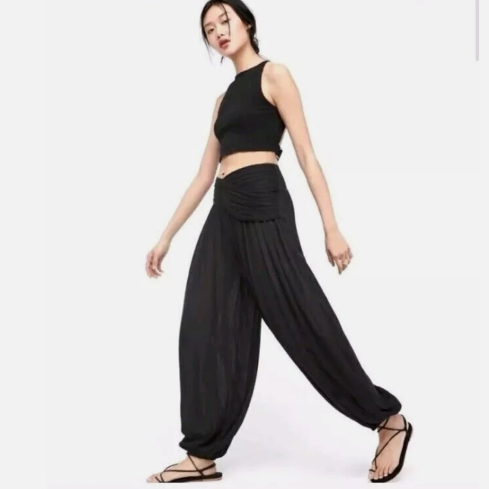 Free People Mumbai Harem Pants Balloon Leg Elasticized Sash Waist Black XS NWT